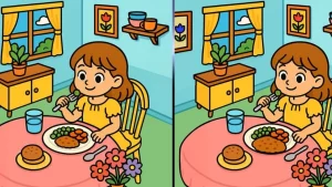 Spot the Difference Test: Find 3 Differences in the Girl Eating Fruit Image